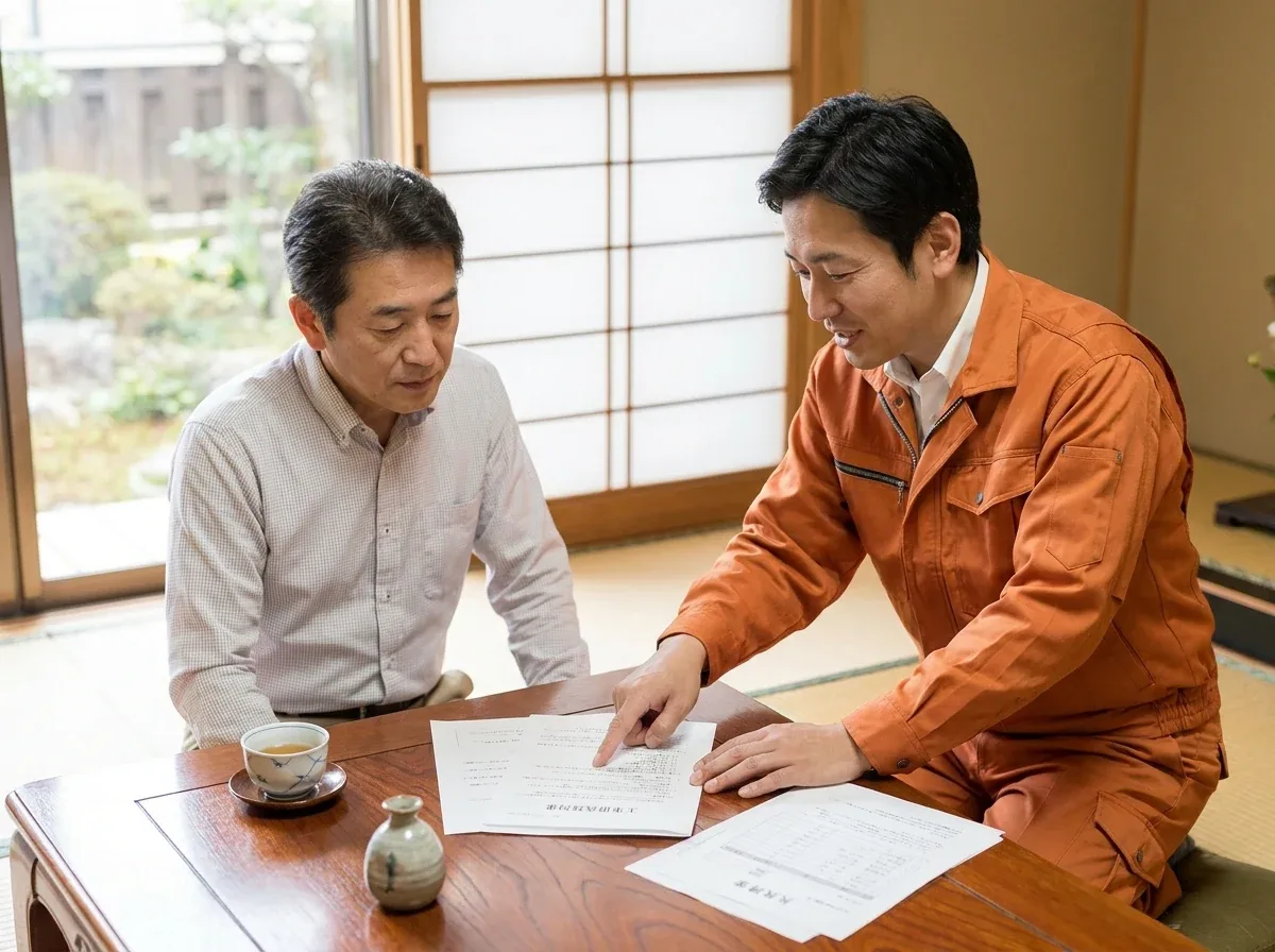 業者との打ち合わせ・契約書確認シーン